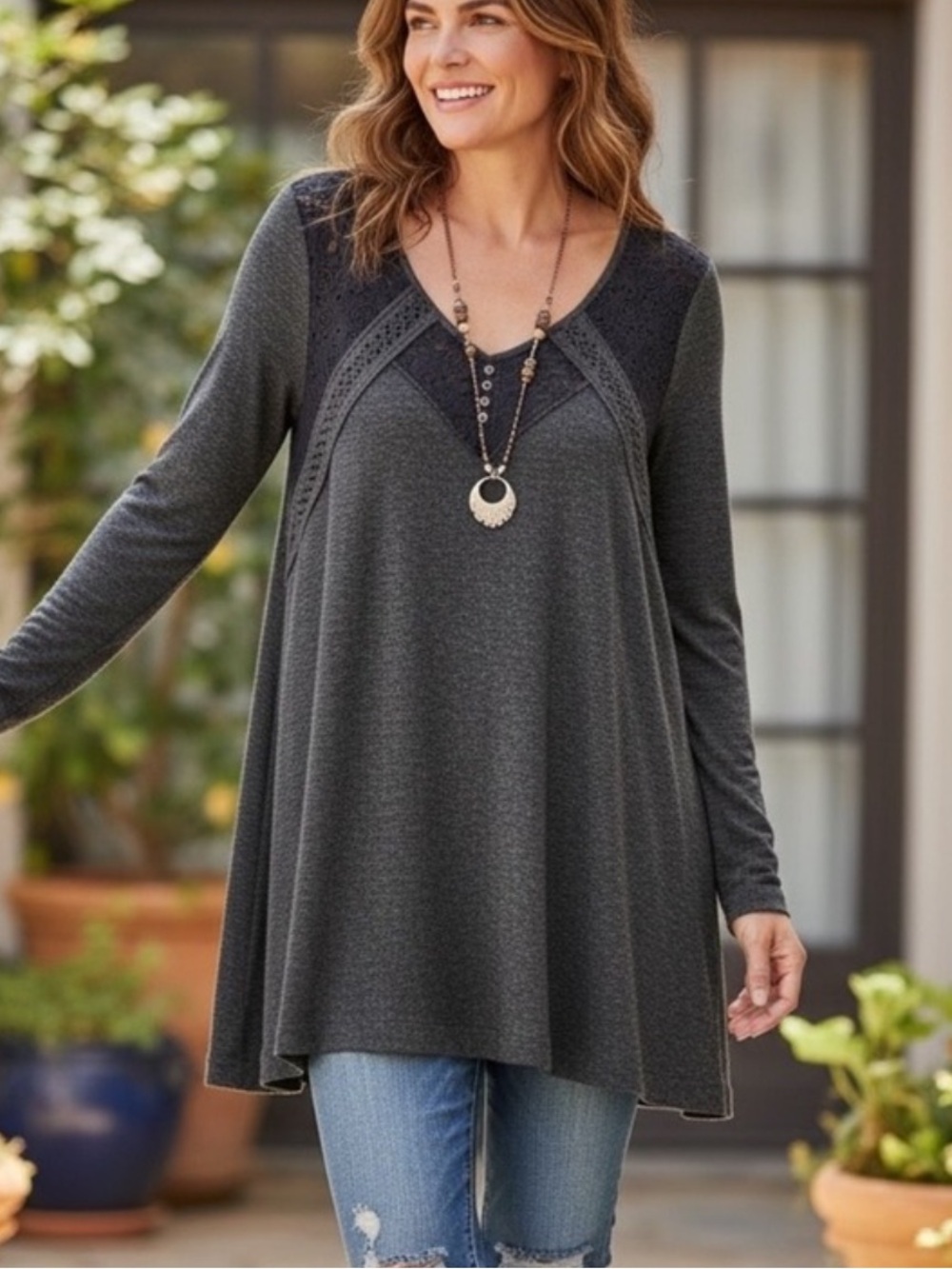 Downeast Love Lace Accent Ribbed Long Sleeve Top Womens XL Gray